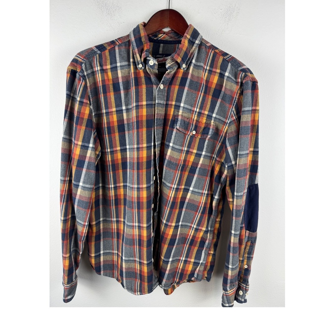 Johnnie-O Surflannel Mens Large Plaid Button Down Shirt Elbow Patches Multicolor